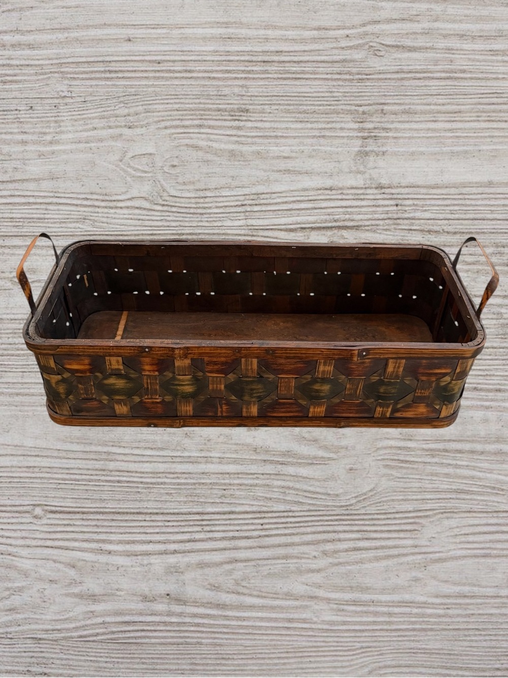 Rustic Brown Woven Wood Rectangular Basket with Handles